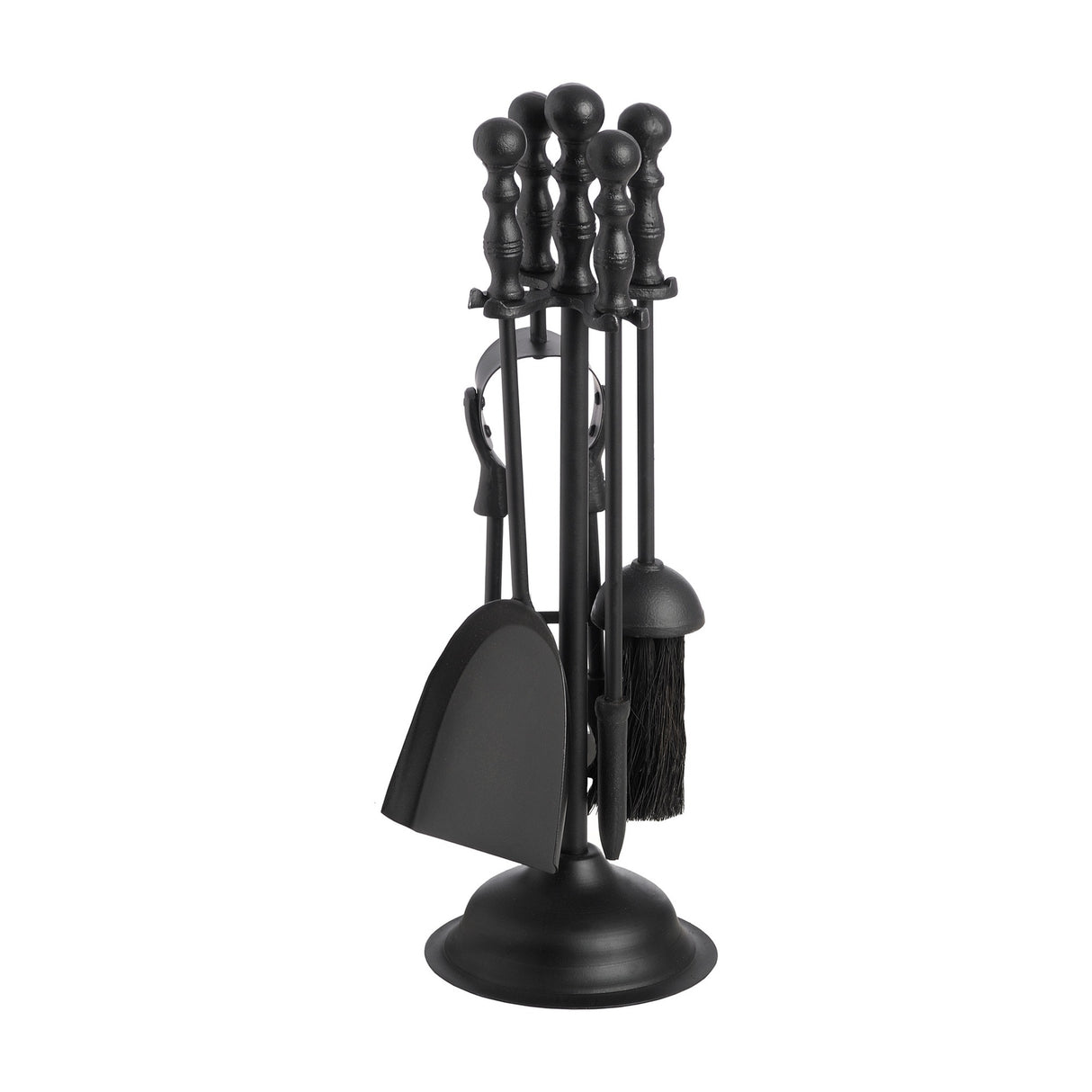 Hill Interiors Black Fireside Companion Set with poker, brush, shovel and tongs on a matt black metal stand with round base, shown on white.