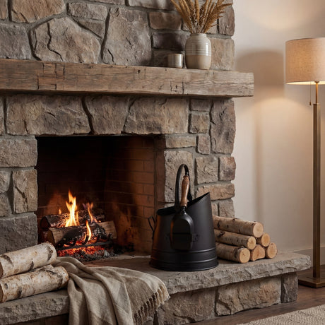 Hill Interiors black metal coal bucket with teak handle shovel resting on a stone hearth beside birch logs, next to a lit fireplace and floor lamp.