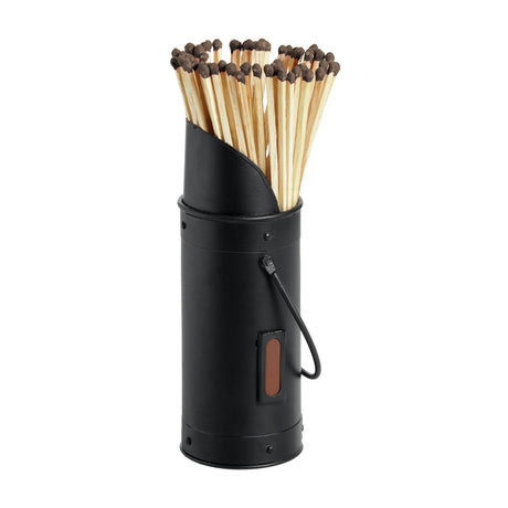 Hill Interiors Black Matchstick Holder, a tall cylindrical black metal container with side handle and striker panel, filled with 60 long wooden matches.