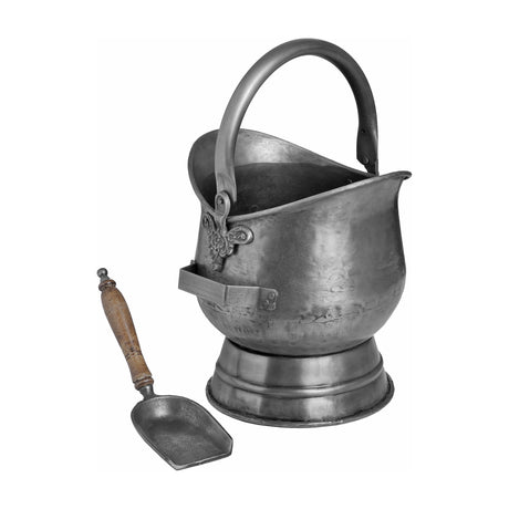 Hill Interiors Antique Pewter Coal Bucket with rounded hammered body, swing handle and matching wooden-handled shovel in silver, on a white background.