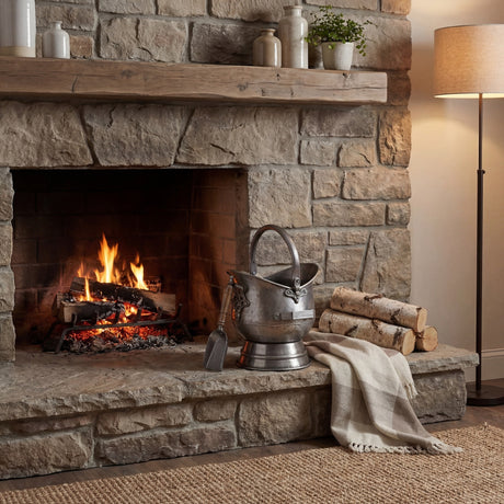 Hill Interiors Antique Pewter Coal Bucket with Shovel in soft silver beside a lit stone fireplace, with birch logs, throw and floor lamp.