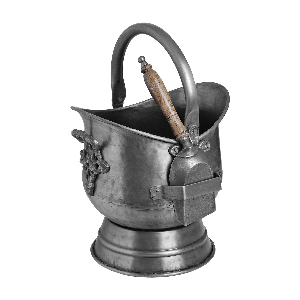 Hill Interiors Antique Pewter Coal Bucket with matching wooden-handled shovel in soft silver finish, with swing handle and footed base, on white.
