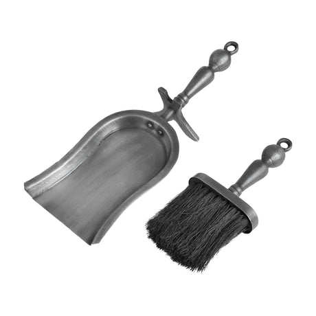 Hill Interiors hearth tidy companion set shovel and brush in antique pewter effect finish with turned handles, shown on a plain white background.