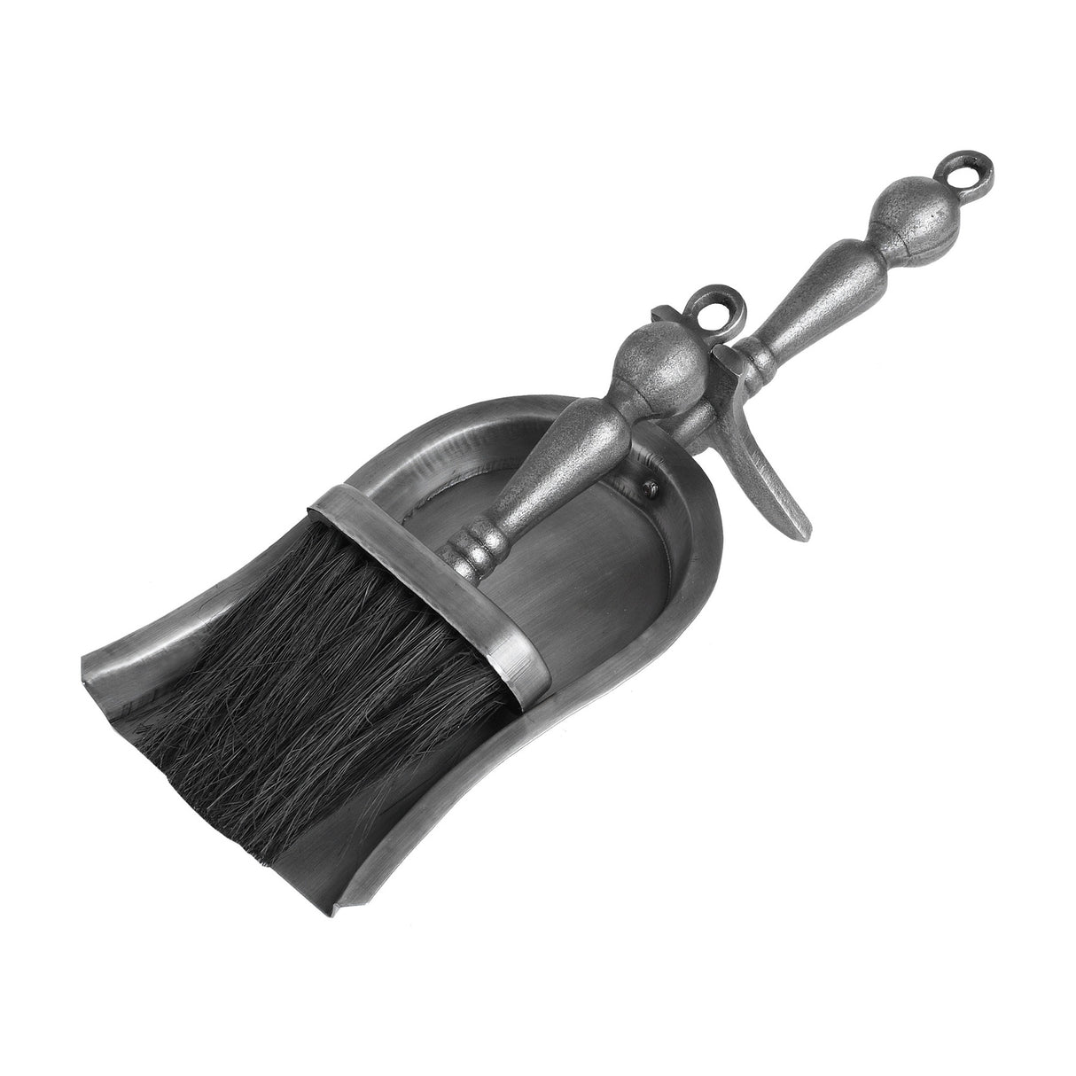 Hill Interiors hearth tidy companion set shovel and brush with turned handles and antique pewter effect finish, shown on a plain white background.