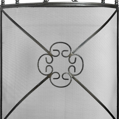 Hill Interiors mesh fireguard in antique pewter effect finish, with metal frame, fine mesh panels and central scrolled medallion detail.