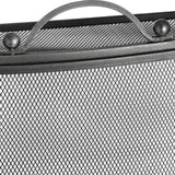 Close-up of Hill Interiors mesh fireguard showing the antique pewter effect top rail, arched handle and ball finials above the fine wire screen.
