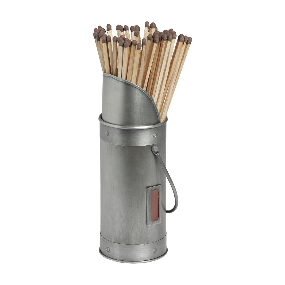 Hill Interiors antique pewter match holder in brushed silver with side handle and strike panel, filled with 60 long wooden matches, on a white background.