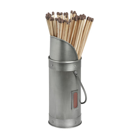 Hill Interiors antique pewter match holder in brushed silver with side handle and strike panel, filled with 60 long wooden matches, on a white background.