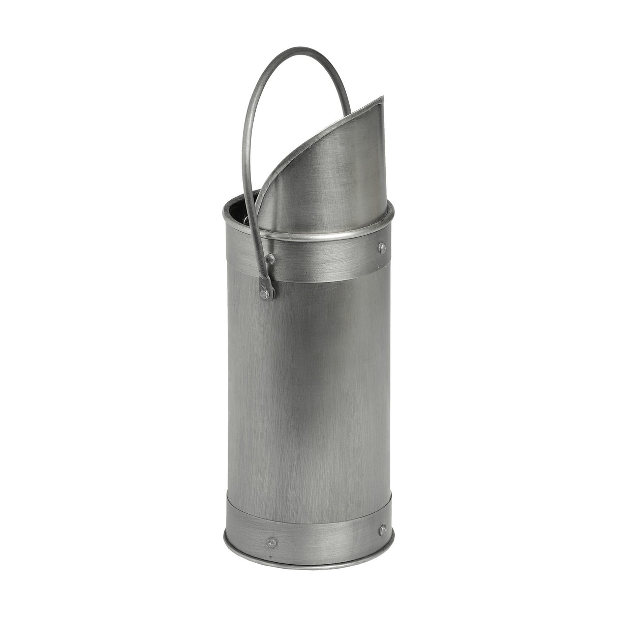 Hill Interiors antique pewter match holder in silver, a tall cylindrical fireside accessory with angled scoop top and arched carry handle, on white.