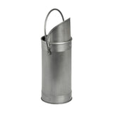 Hill Interiors antique pewter match holder in silver, a tall cylindrical fireside accessory with angled scoop top and arched carry handle, on white.