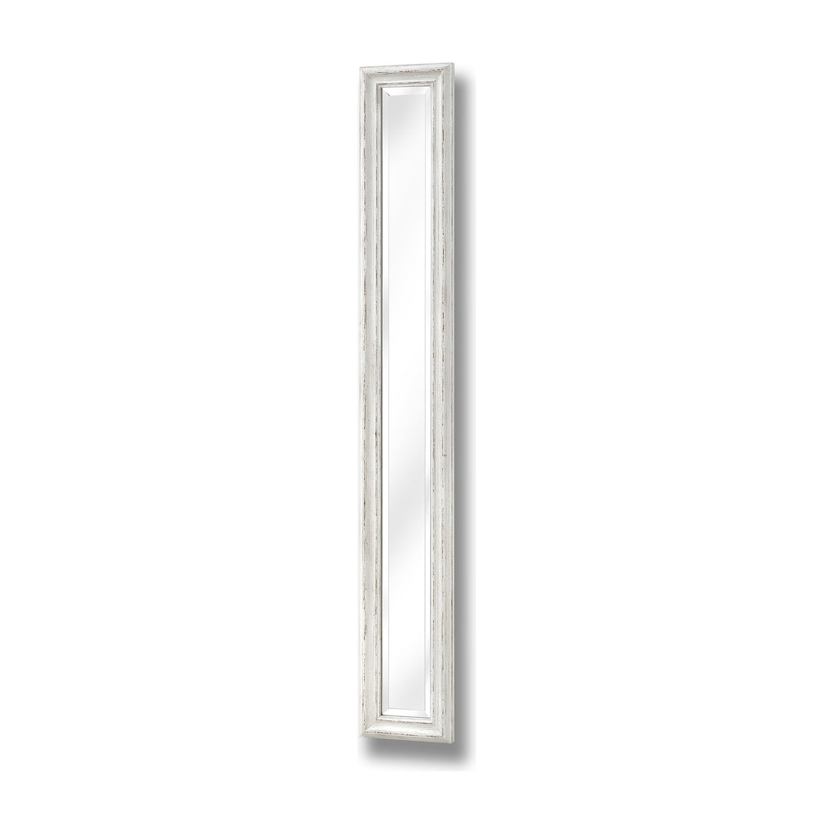 Hill Interiors Narrow Antique White Framed Wall Mirror with a tall, slim distressed white wooden frame and clear rectangular glass, on a plain background.