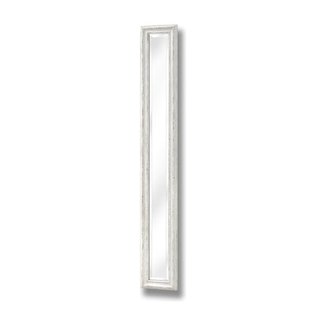 Hill Interiors Narrow Antique White Framed Wall Mirror with a tall, slim distressed white wooden frame and clear rectangular glass, on a plain background.