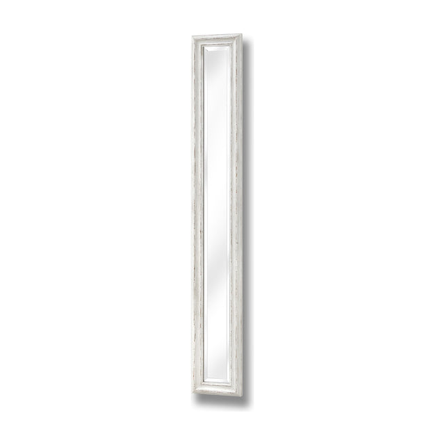 Hill Interiors Narrow Antique White Framed Wall Mirror with a tall, slim distressed white wooden frame and clear rectangular glass, on a plain background.
