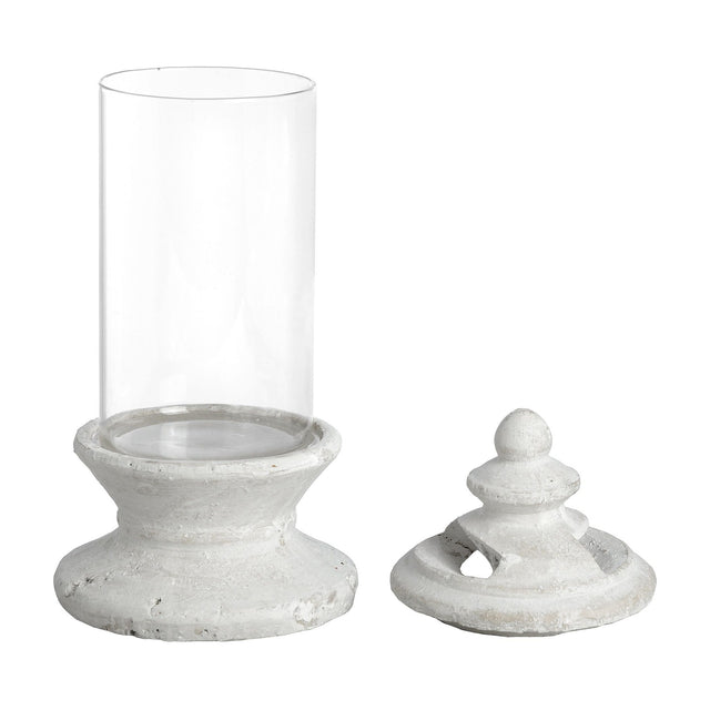 Hill Interiors Glass and Stone Pillar Candle Holder in white with a clear glass hurricane and matte stone base shown with finial lid detached.