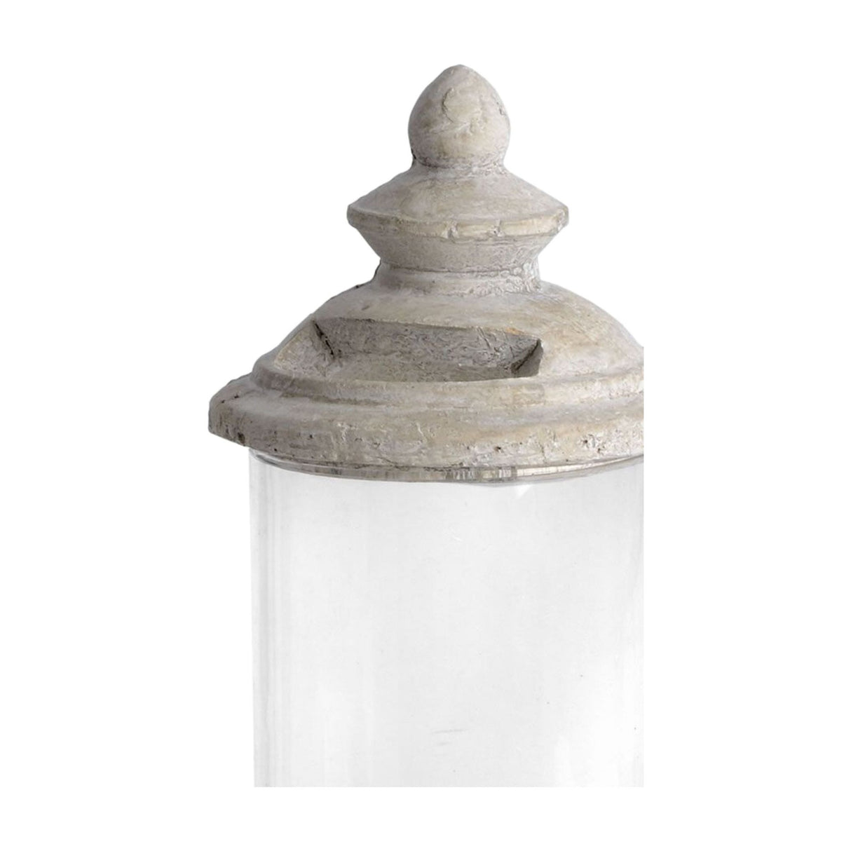 Hill Interiors Glass and Stone Pillar Candle Holder in white with a matte stone domed lid and finial atop a clear glass column, on a white background.