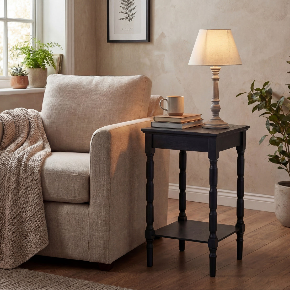 Wooden Table Lamp with Beige Shade – Beige
