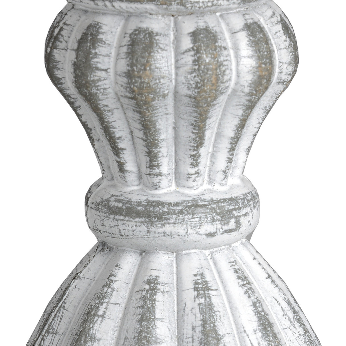 Close-up of the Hill Interiors beige Wooden Table Lamp base with turned, fluted detailing and a distressed whitewashed finish over natural wood grain.