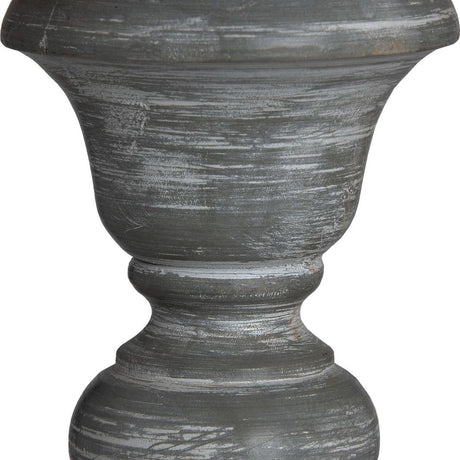 Close-up of the turned wooden base on the Hill Interiors Wooden Floor Lamp, showing an urn-shaped column with a distressed beige finish and visible grain.