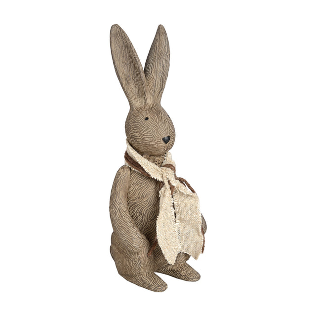 Hill Interiors Small Winter Bunny Rabbit Figurine in brown resin, sitting upright with tall ears and a frayed linen scarf, on a plain white background.