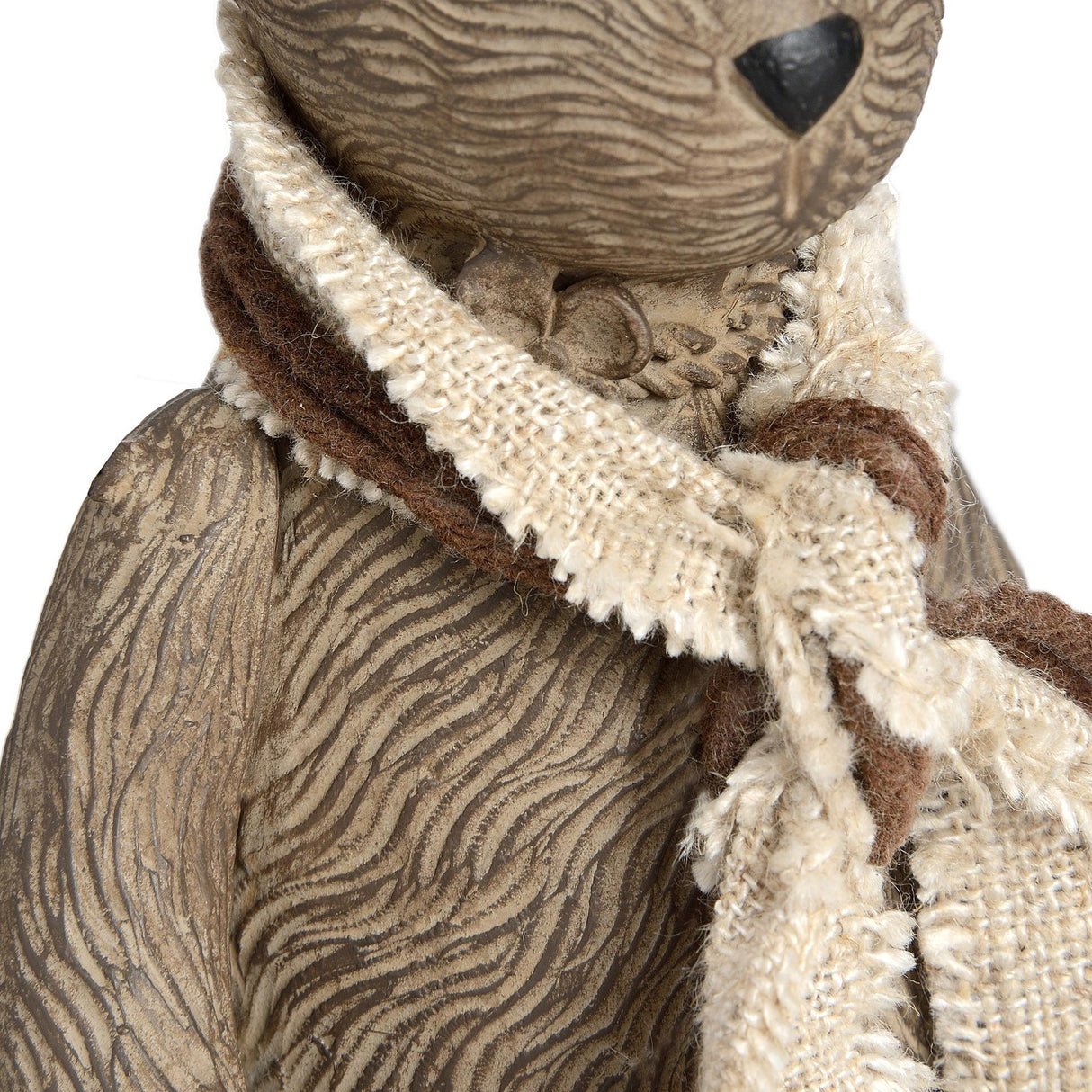 Close-up of Hill Interiors Small Winter Bunny Rabbit Figurine in brown resin, showing sculpted fur texture and a cream and brown knitted scarf tied at the neck.