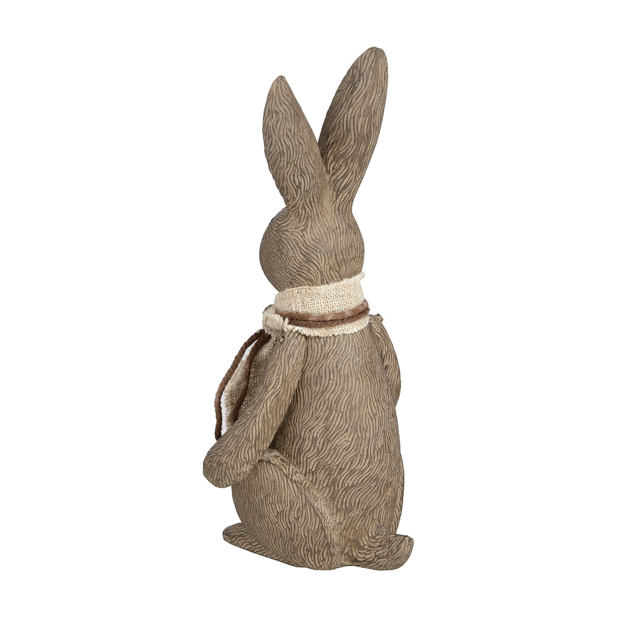 Hill Interiors Small Winter Bunny Rabbit Figurine in brown resin, side view showing upright pose, tall ears and burlap neck tie on a white background.