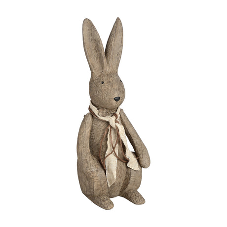 Hill Interiors Large Winter Bunny Rabbit Figurine in brown resin, upright with tall ears and a fabric and twine bow at the neck, on a white background.