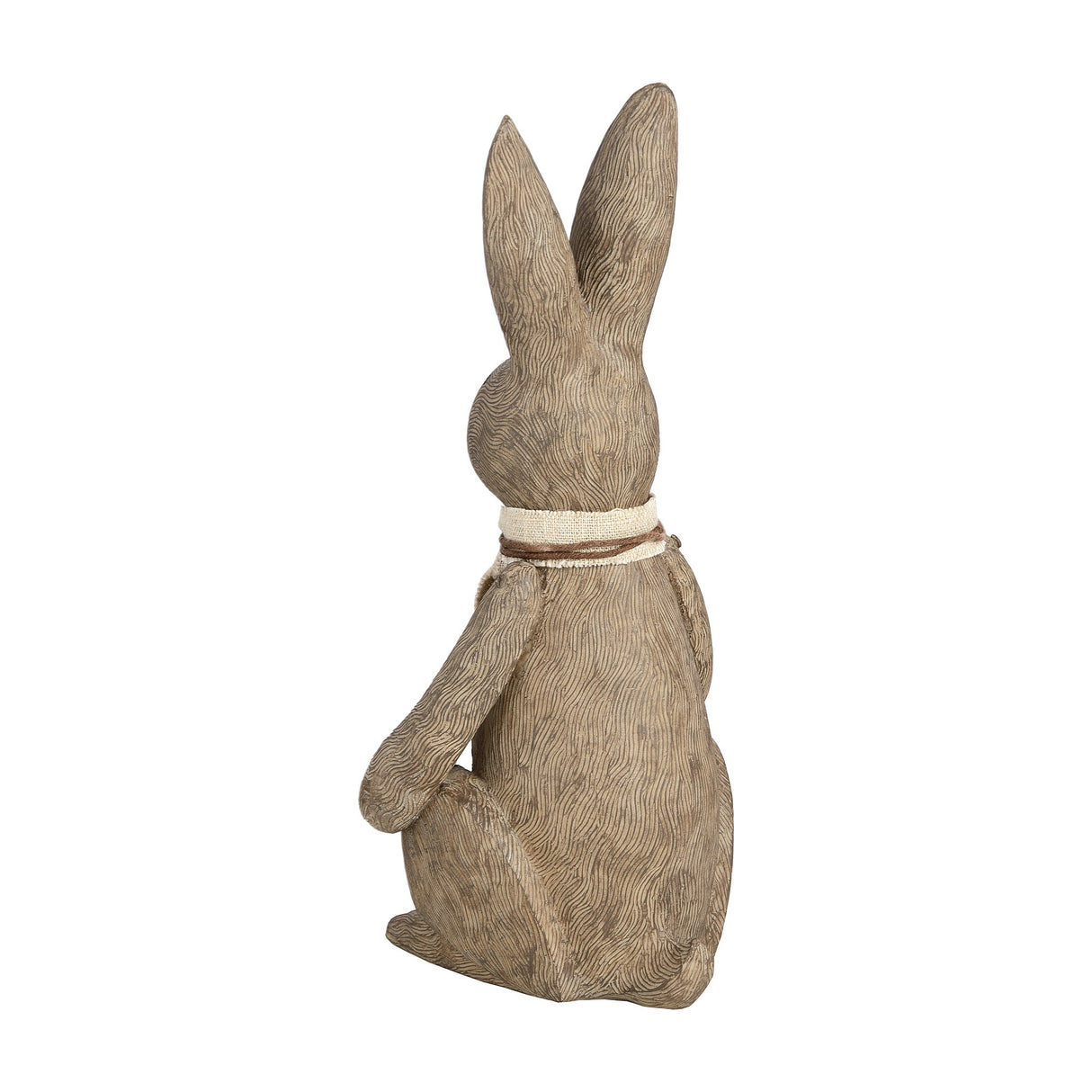Side view of Hill Interiors Large Winter Bunny Rabbit Figurine in brown resin with textured fur detail and hessian neck tie, on a white background.