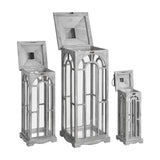 Hill Interiors set of three grey wooden archway lanterns graduated in height with hinged lids open, shown on a plain white background.