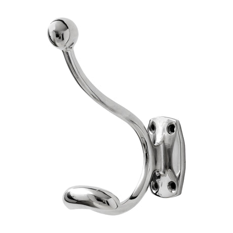 Hill Interiors Single Hook Chrome Coat Hanger in silver, a curved metal wall-mounted double hook with ball finial and rectangular screw plate, on white.