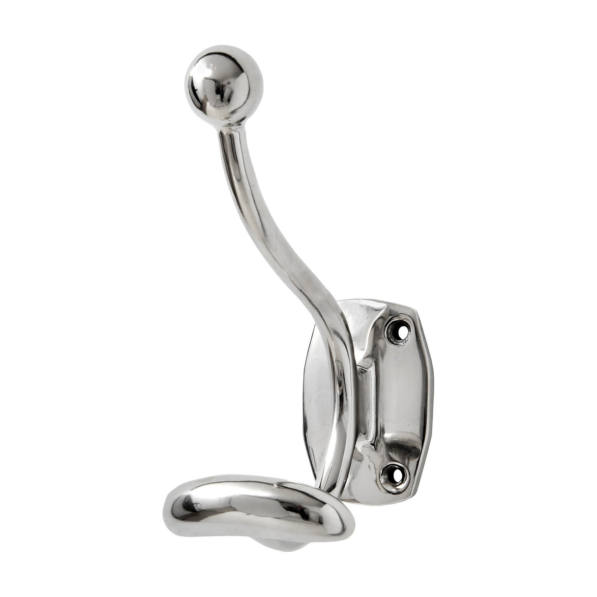 Hill Interiors Single Hook Chrome Coat Hanger in silver, featuring an upper ball-tipped arm and lower hook on a rectangular wall plate, shown on white.