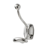 Hill Interiors Single Hook Chrome Coat Hanger in silver, featuring an upper ball-tipped arm and lower hook on a rectangular wall plate, shown on white.