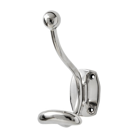 Hill Interiors Single Hook Chrome Coat Hanger in silver, featuring an upper ball-tipped arm and lower hook on a rectangular wall plate, shown on white.