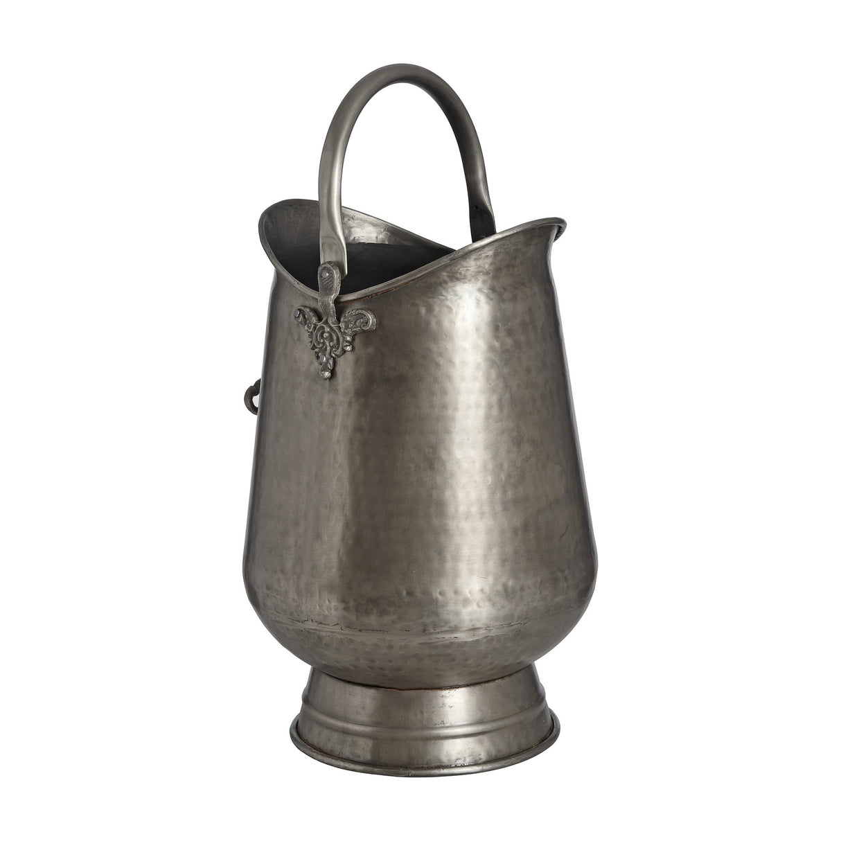 Hill Interiors Antique Pewter Coal Bucket in silver, a hammered metal fireside pail with tapered body, swing handle and footed base, on white.
