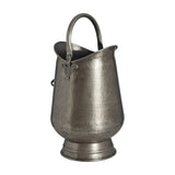 Hill Interiors Antique Pewter Coal Bucket in silver, a hammered metal fireside pail with tapered body, swing handle and footed base, on white.