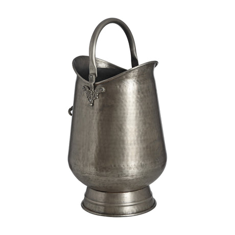 Hill Interiors Antique Pewter Coal Bucket in silver, a hammered metal fireside pail with tapered body, swing handle and footed base, on white.