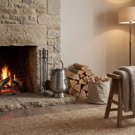 Hill Interiors Antique Pewter Coal Bucket in silver beside a stone fireplace, with fire tools, stacked logs, log basket and wooden stool.