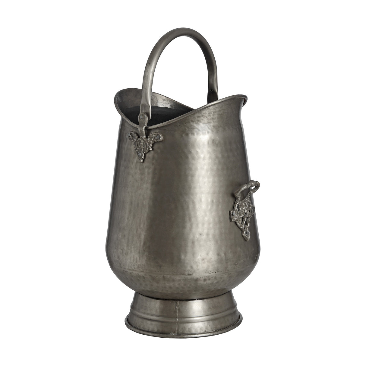 Hill Interiors Antique Pewter Coal Bucket in hammered silver metal with tapered body, swing handle, decorative side mounts and broad base on white.