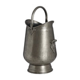 Hill Interiors Antique Pewter Coal Bucket in hammered silver metal with tapered body, swing handle, decorative side mounts and broad base on white.