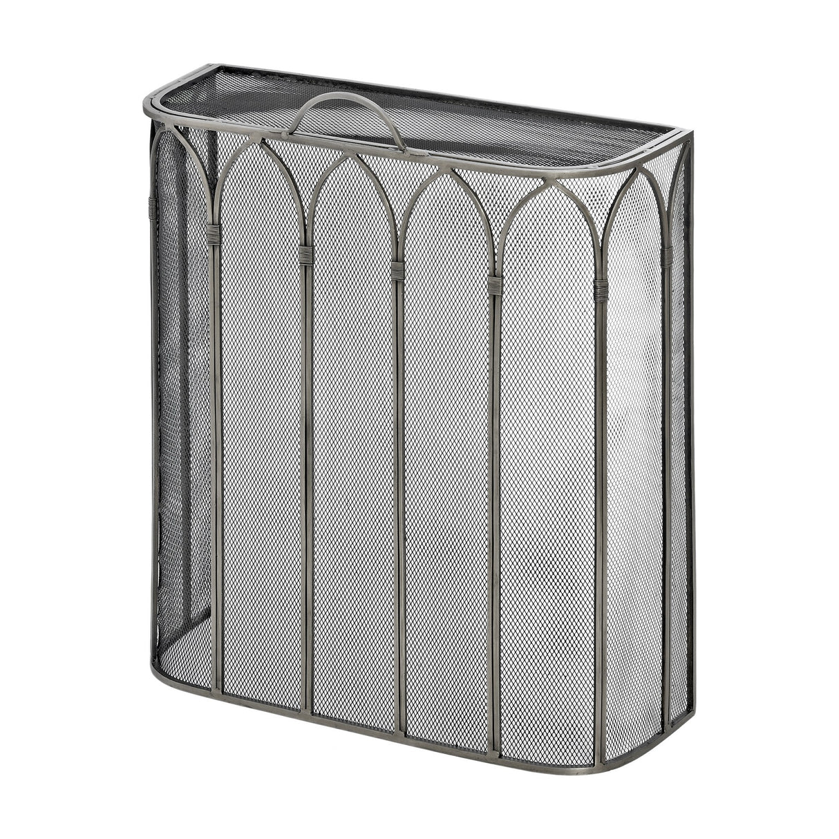 Hill Interiors Gothic fire screen in antique pewter finish, a metal mesh panel with arched tracery detailing and top handle, shown on a white background.