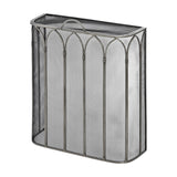 Hill Interiors Gothic fire screen in antique pewter finish, a metal mesh panel with arched tracery detailing and top handle, shown on a white background.
