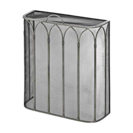 Hill Interiors Gothic fire screen in antique pewter finish, a metal mesh panel with arched tracery detailing and top handle, shown on a white background.