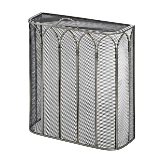 Hill Interiors Gothic fire screen in antique pewter finish, a metal mesh panel with arched tracery detailing and top handle, shown on a white background.