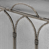 Close-up of the Hill Interiors Gothic Fire Screen showing arched tracery detail, fine mesh panels and an antique pewter finish in soft aged silver.