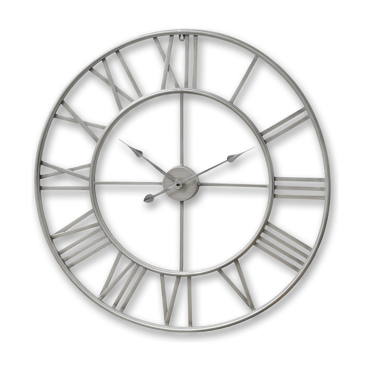 Hill Interiors Large Silver Skeleton Wall Clock in metal with open Roman numerals and slim hands, shown on a plain white background.