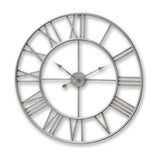 Hill Interiors Large Silver Skeleton Wall Clock in metal with open Roman numerals and slim hands, shown on a plain white background.