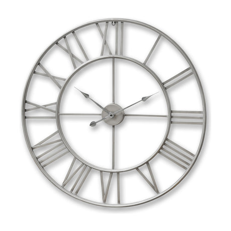 Hill Interiors Large Silver Skeleton Wall Clock in metal with open Roman numerals and slim hands, shown on a plain white background.