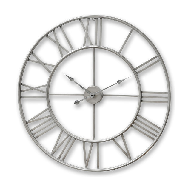 Hill Interiors Large Silver Skeleton Wall Clock in metal with open Roman numerals and slim hands, shown on a plain white background.
