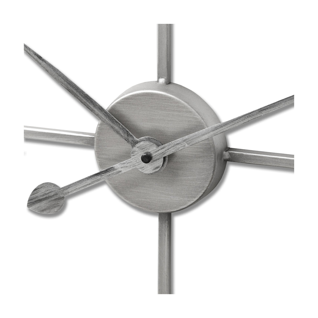 Close-up of the Hill Interiors Large Silver Skeleton Wall Clock centre, showing the brushed silver hub, slim hands and radiating metal spokes.