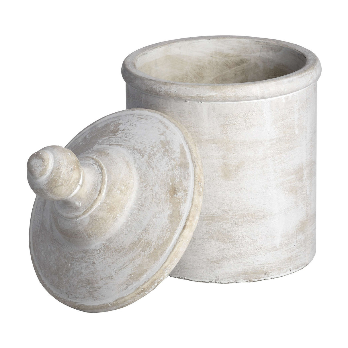 Hill Interiors large lidded stone jar in antique white with a domed finial lid set beside the cylindrical base on a plain white background.