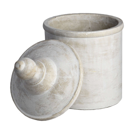 Hill Interiors Antique White Stone Serving Tray with lidded cylindrical jar form and domed finial lid set beside it on a plain white background.